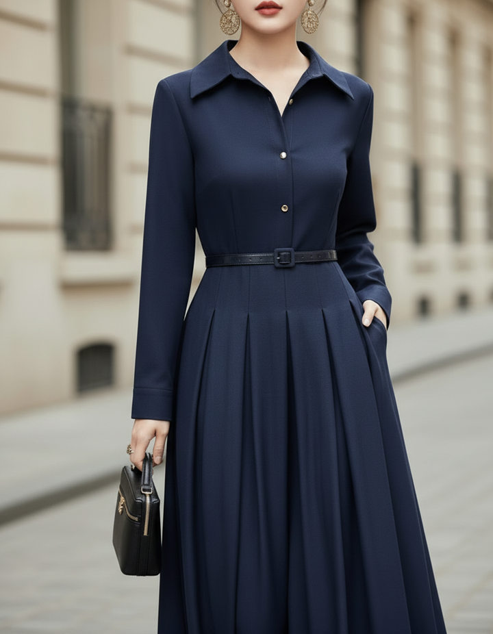 Collared Button-Front Midi Dress With Tailored Pleats and Belted Waist