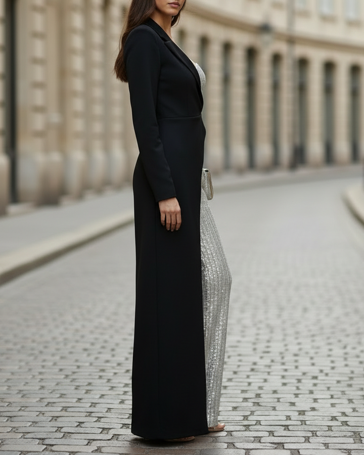 Stylish Plain One-Shoulder Gown with Metallic Pleated