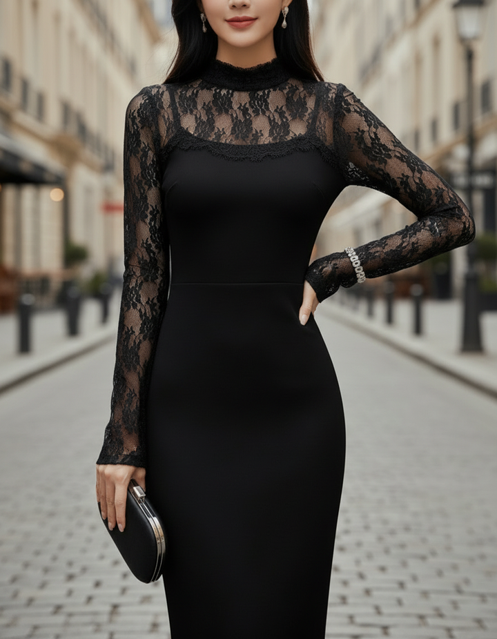 Black Midi Dress With Floral Lace Sheer Sleeves