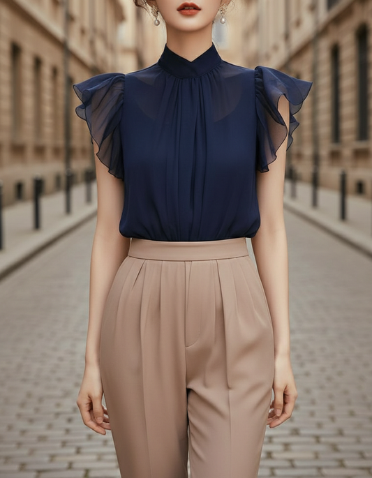 Chiffon Mandarin-Collar Ruffle Sleeve Blouse