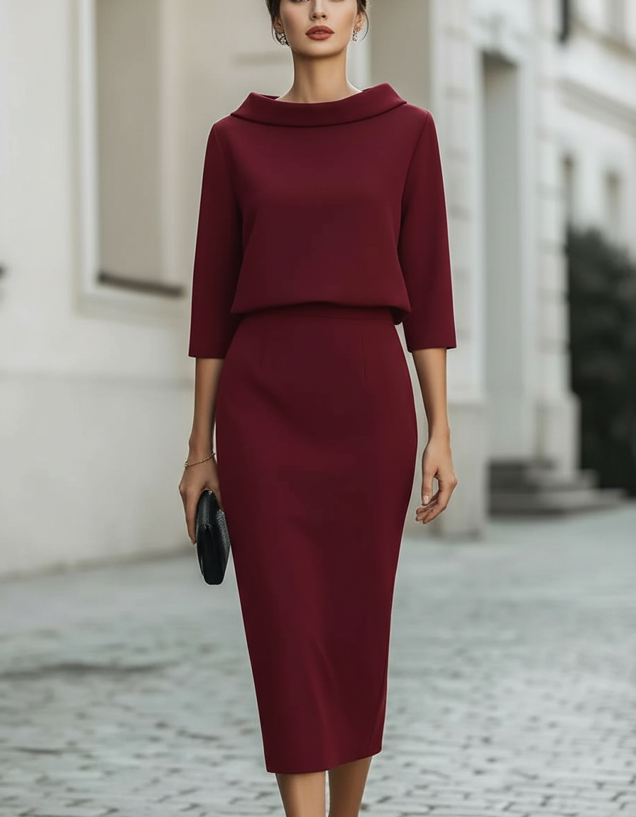 Draped Collar Two-Piece Pencil Midi Set
