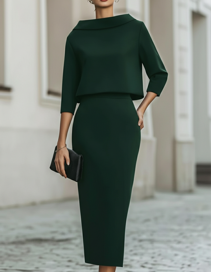 Draped Collar Two-Piece Pencil Midi Set