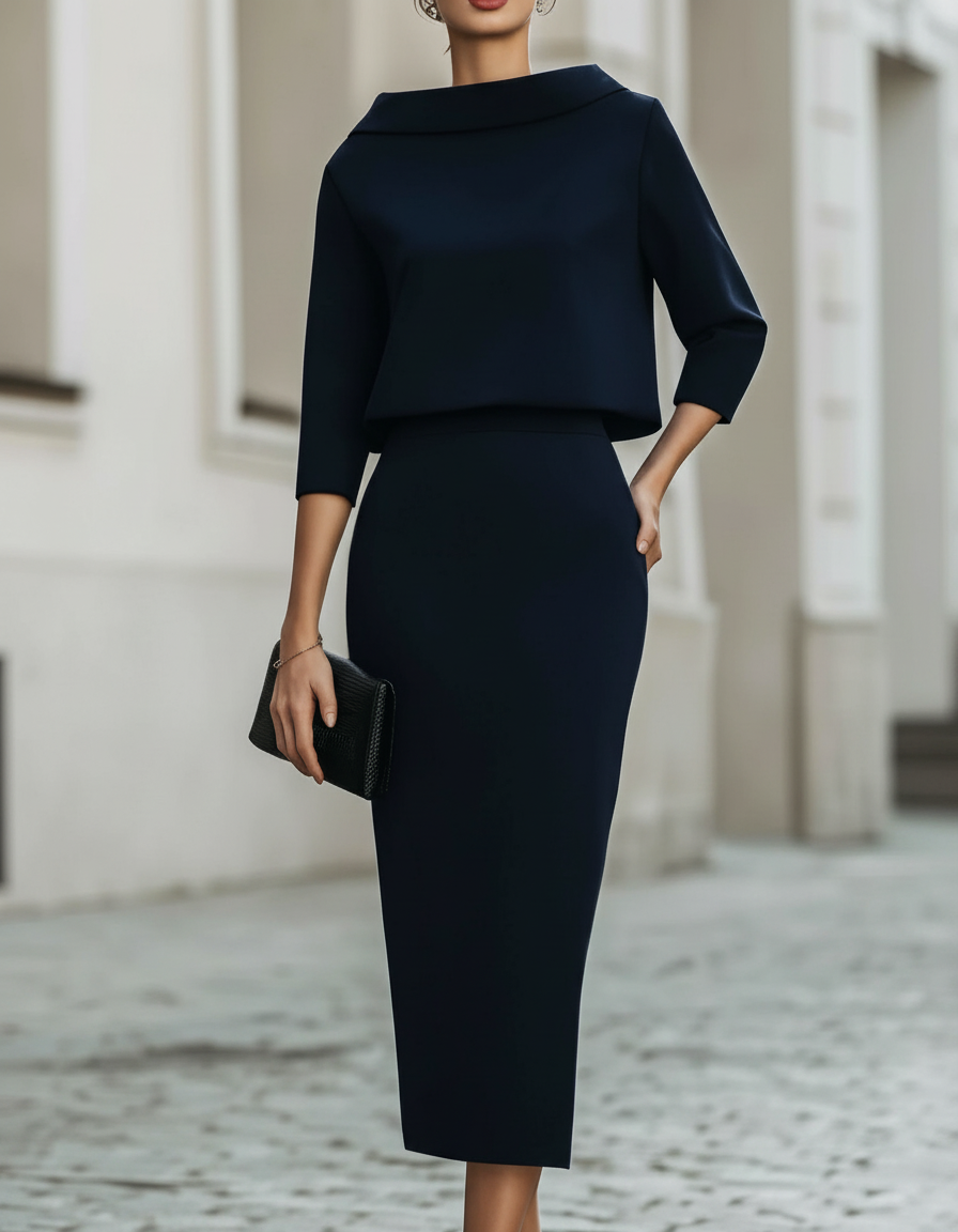 Draped Collar Two-Piece Pencil Midi Set