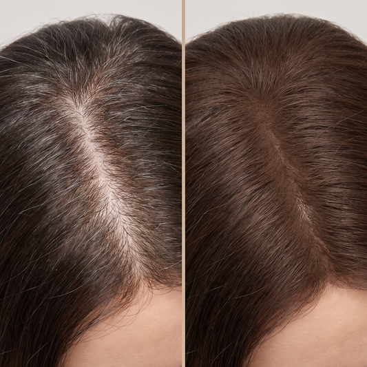 Before and after: sparse grey roots on the left, filled and natural after Vellora hairline powder on the right