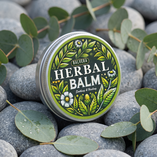 BALVERA herbal balm tin resting on river stones with eucalyptus