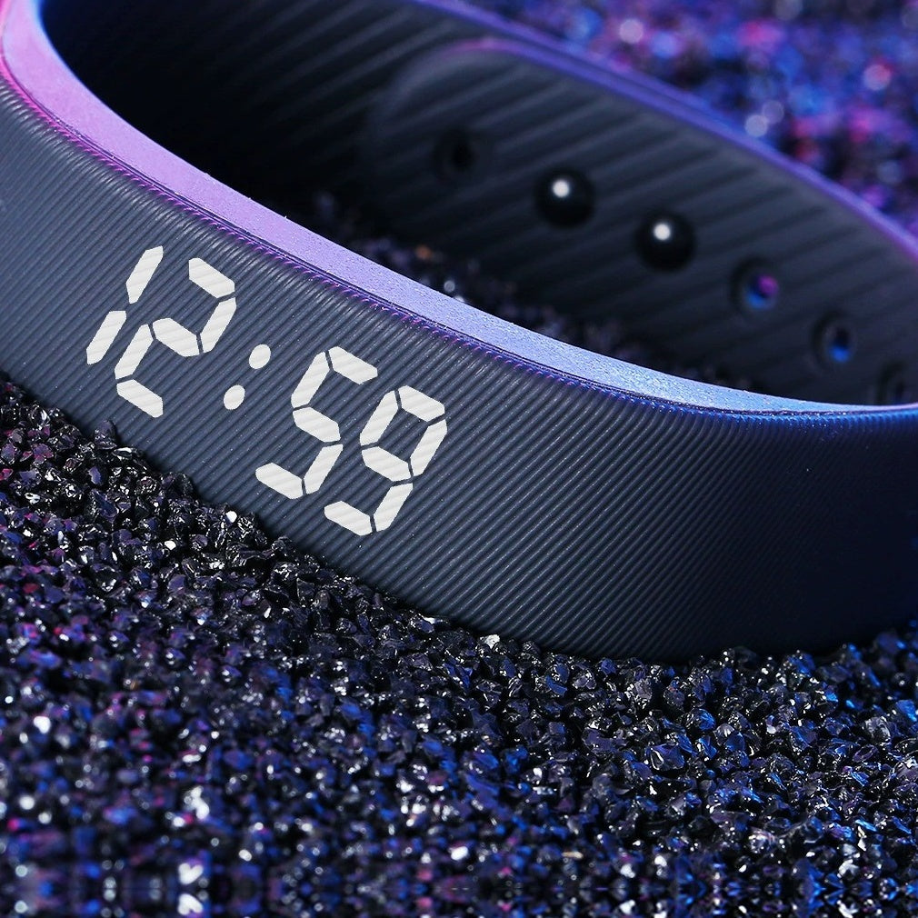Hushrise silent vibration wake band in Deep Navy showing the time display