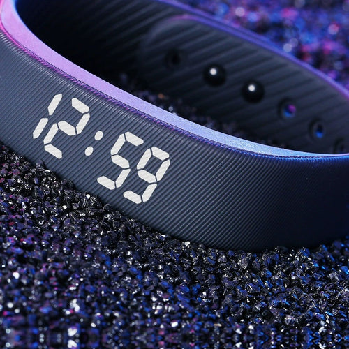 Hushrise silent vibration wake band in Deep Navy showing the time display