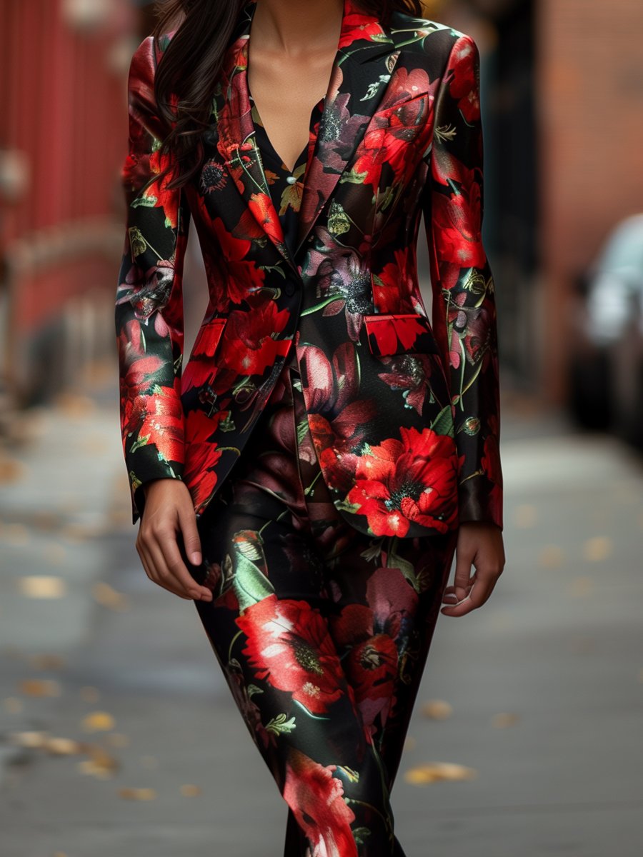 Bold Red Poppy Floral Printed Satin Suit ZJ