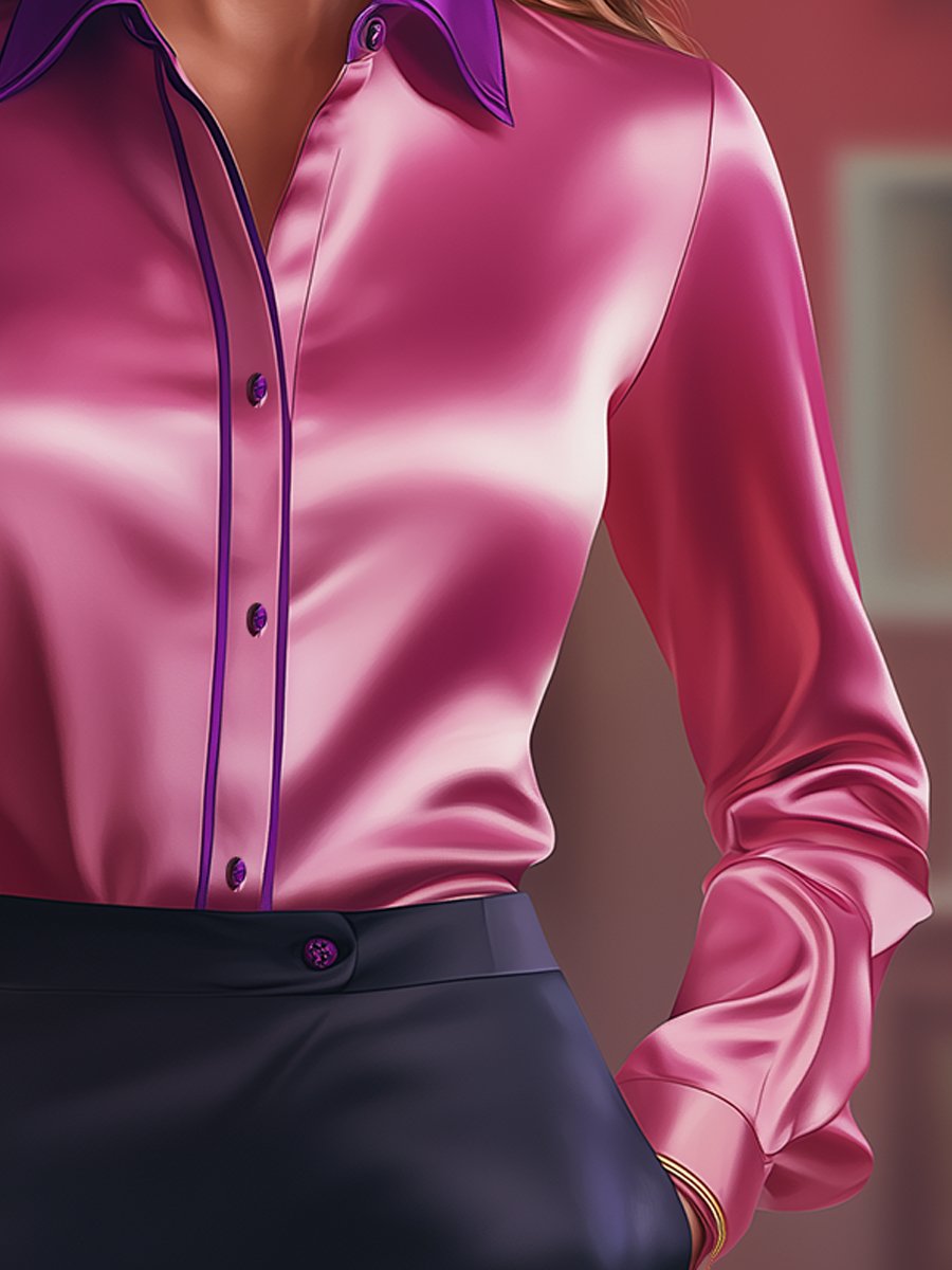 Bold Satin Blouse with Vibrant Pink and Purple Contrasts ZJ