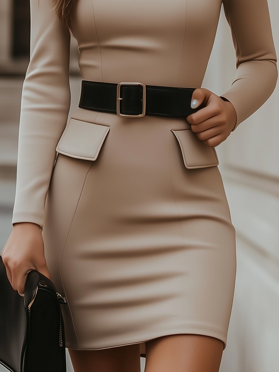 Beige Turtleneck Bodycon Dress with Black Belt Accent MLZ