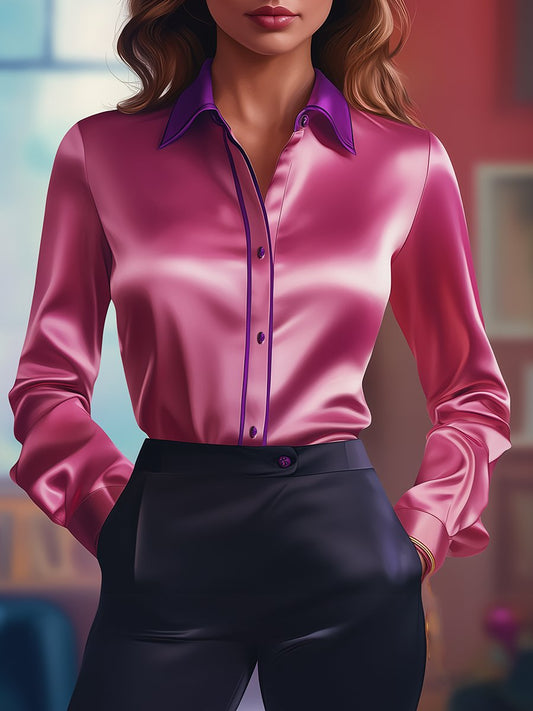 Bold Satin Blouse with Vibrant Pink and Purple Contrasts ZJ