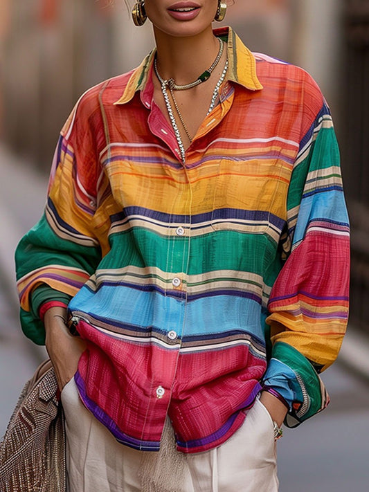 Chic Shirt Collar Rainbow Stripes Linen Blouse HWT
