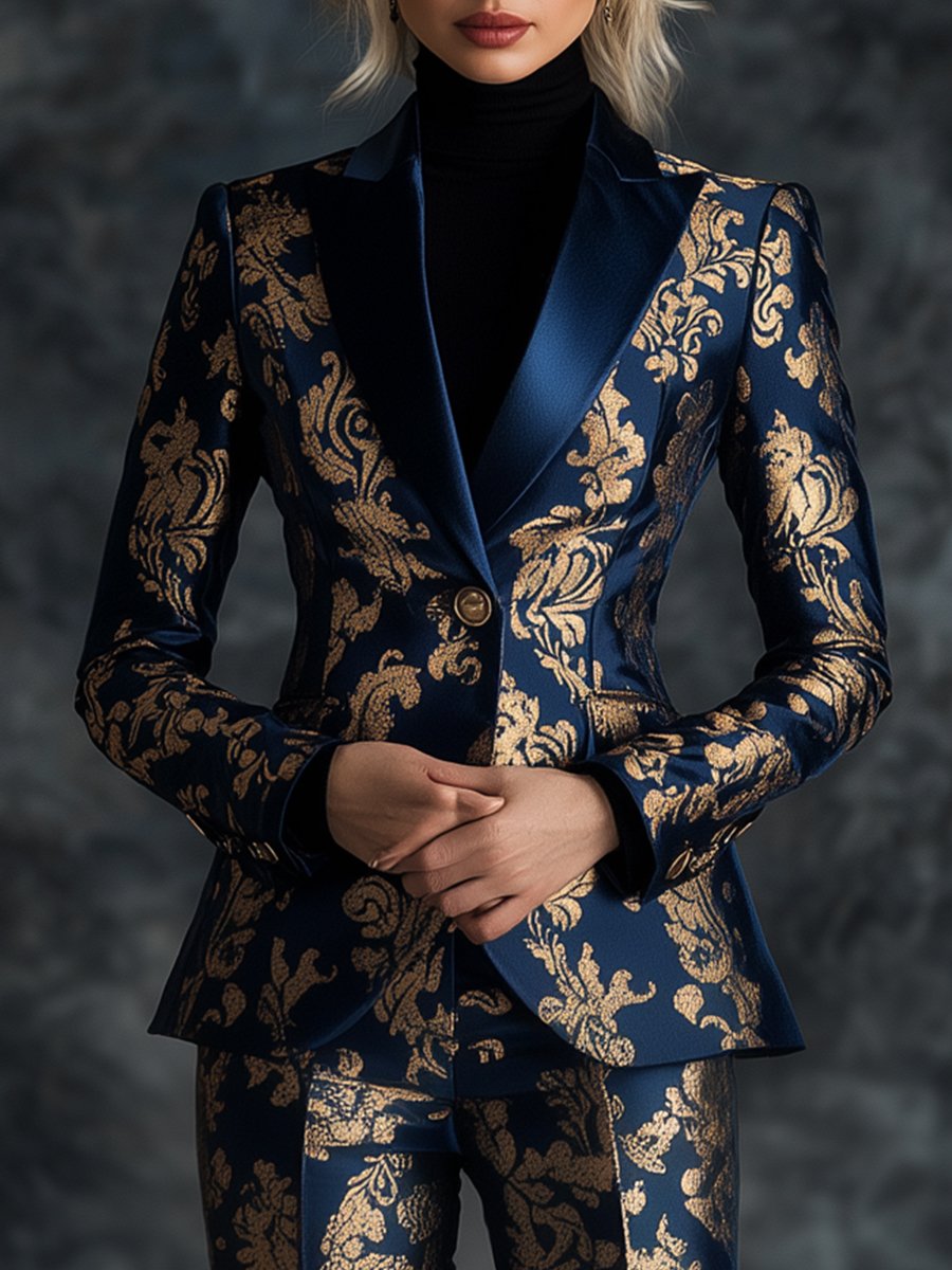 Opulent Royal Blue Satin Suit with Golden Ornate Motifs Printed ZJ
