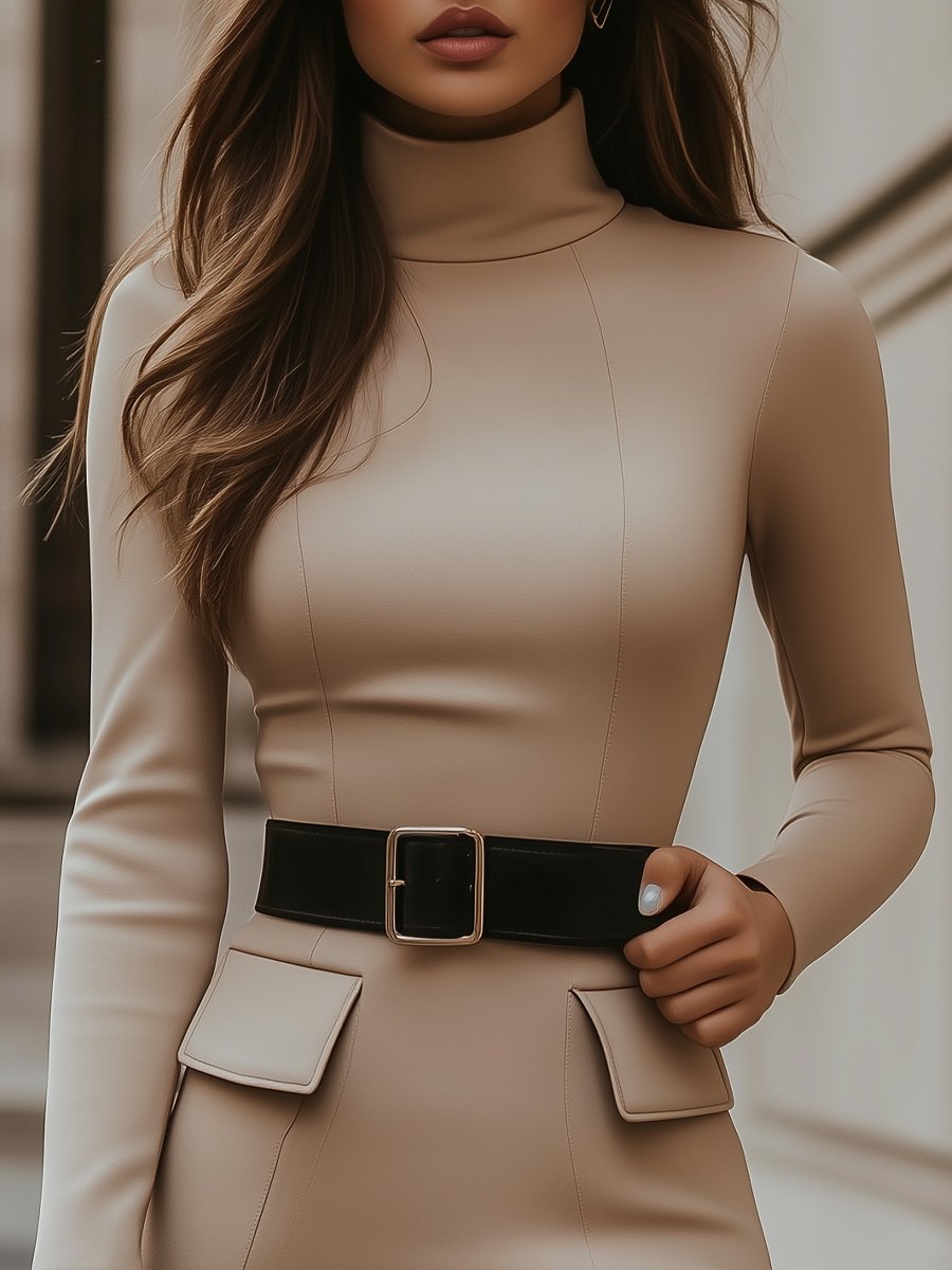 Beige Turtleneck Bodycon Dress with Black Belt Accent MLZ