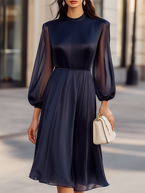 Elegant Navy Chiffon Dress with Sheer Sleeves MLZ