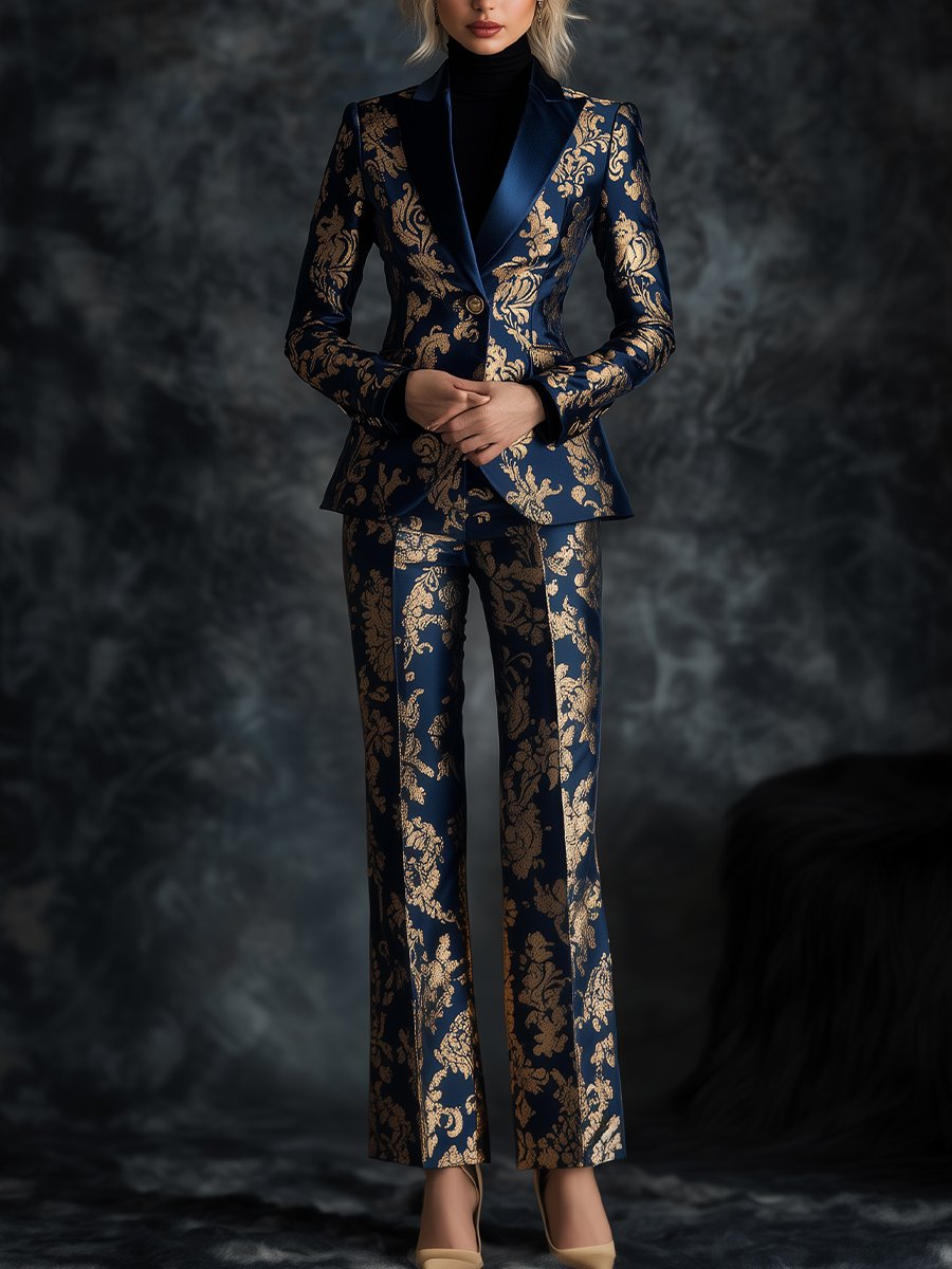 Opulent Royal Blue Satin Suit with Golden Ornate Motifs Printed ZJ