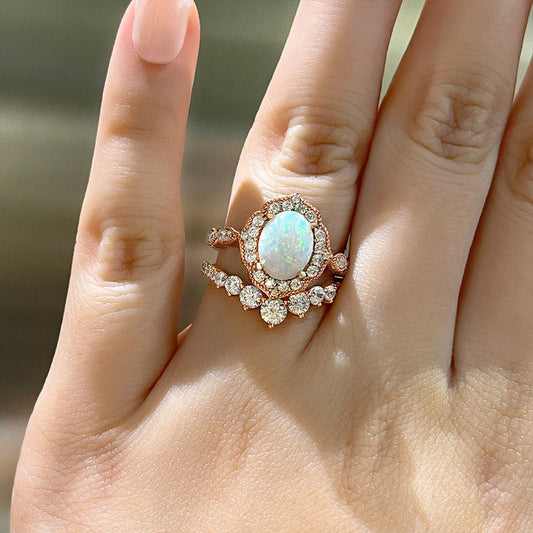 Elegant Rose Golden Tone Oval Cut Opal Bridal Set In Sterling Silver shineofdiamond