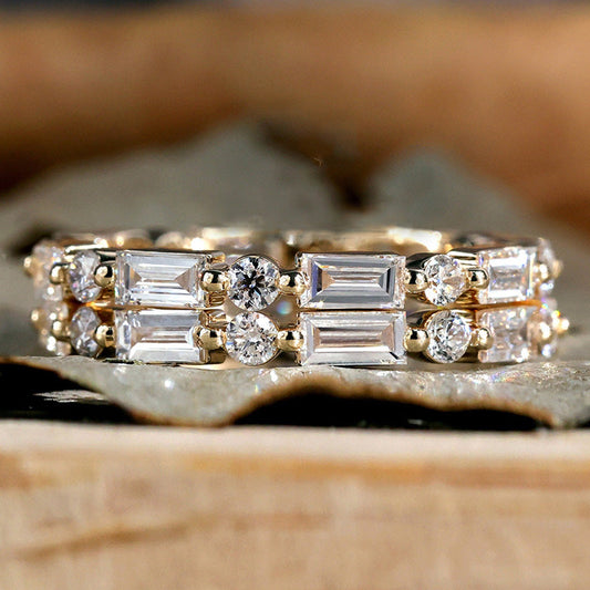 Emerald Cut & Round Cut Alternating Sterling Silver Wedding Band Set Shine of Diamond
