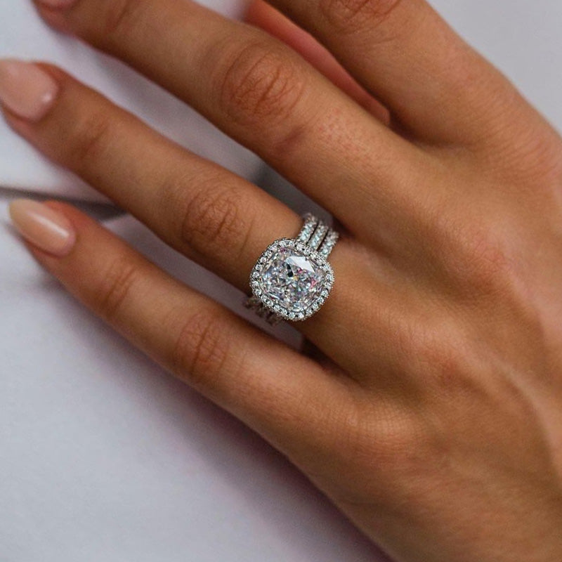 Elegant 3PC Cushion Cut Halo Wedding Set In Sterling Silver shineofdiamond