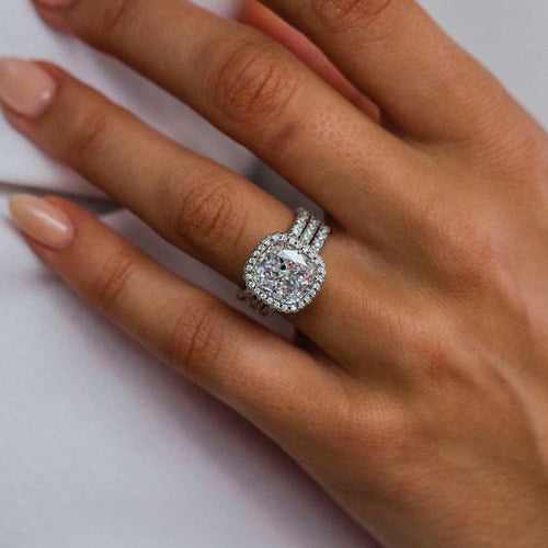 Elegant 3PC Cushion Cut Halo Wedding Set In Sterling Silver shineofdiamond