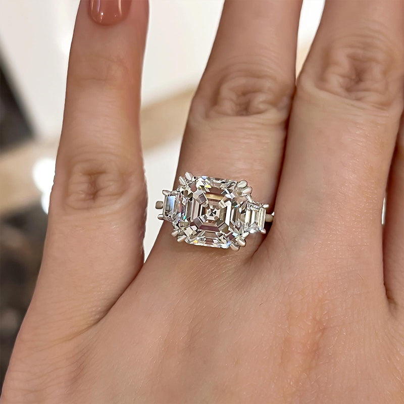 Exclusive Asscher Cut Three Stone Engagement Ring In Sterling Silver Juluro