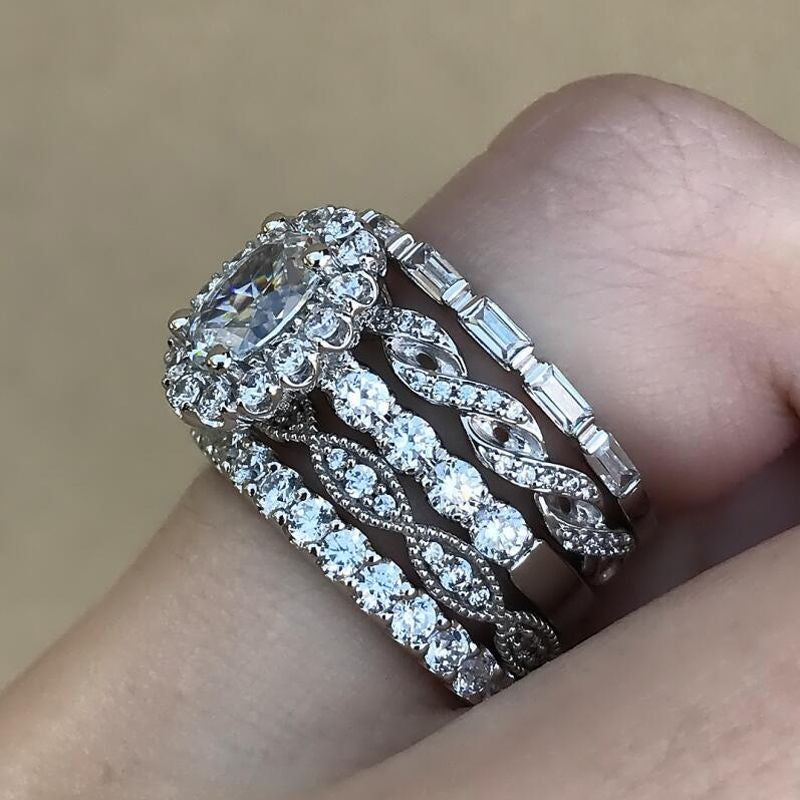 5PCS Dainty Halo Oval Cut Bridal Set In Sterling Silver Shineofdiamond