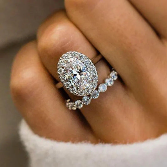 Elegant Halo Oval Cut Wedding Bridal Set In Sterling Silver shine