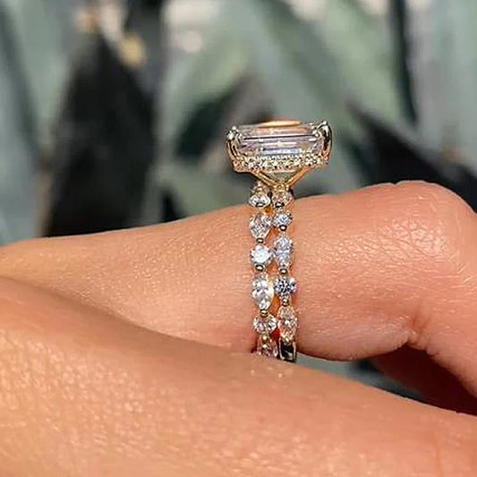 Unique Design Emerald Cut Sterling Silver Bridal Set In Golden Tone Shine of Diamond
