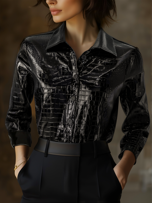 Glossy Black Crocodile Embossed Shirt ZJ