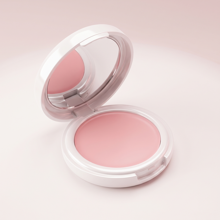 Lumelle undereye brightener compact styled on a vanity with roses and a brush