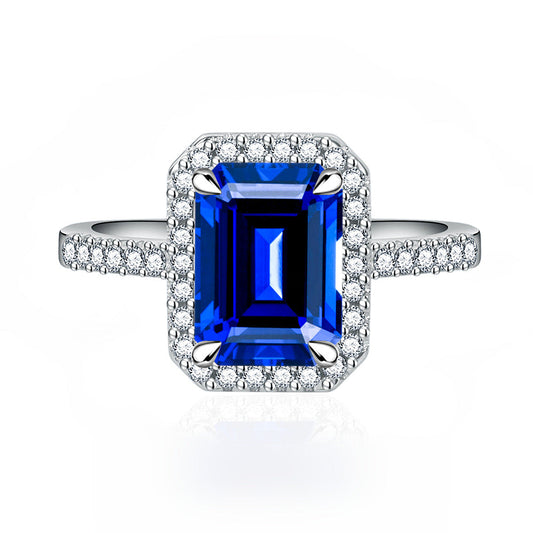 Multi-Color Halo Emerald Cut Engagement Ring In Sterling Silver Shineofdiamond