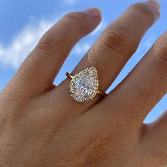 Halo Pear Cut  Golden Tone Engagement Ring Shineofidamond