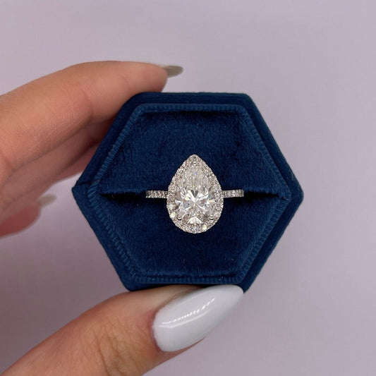 Pear Cut Halo 3 Prong Engagement Ring In Sterling Silver shineofdiamond