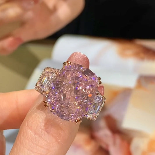 Three Stone Radiant Cut Pink Engagement Ring in Sterling Silver hot