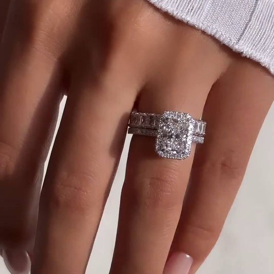 Radiant Cut Halo Engagement Ring & Eternity Wedding Band Shineofidamond