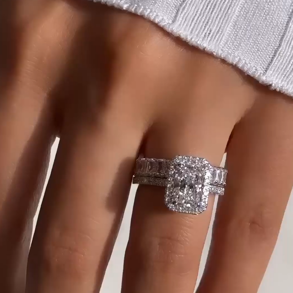 Radiant Cut Halo Engagement Ring & Eternity Wedding Band Shineofidamond