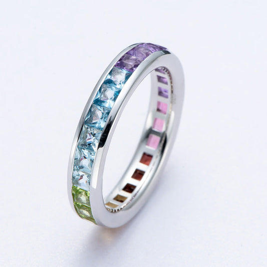 Rainbow Color Princess Cut Sterling Silver Wedding Band shineofdiamond