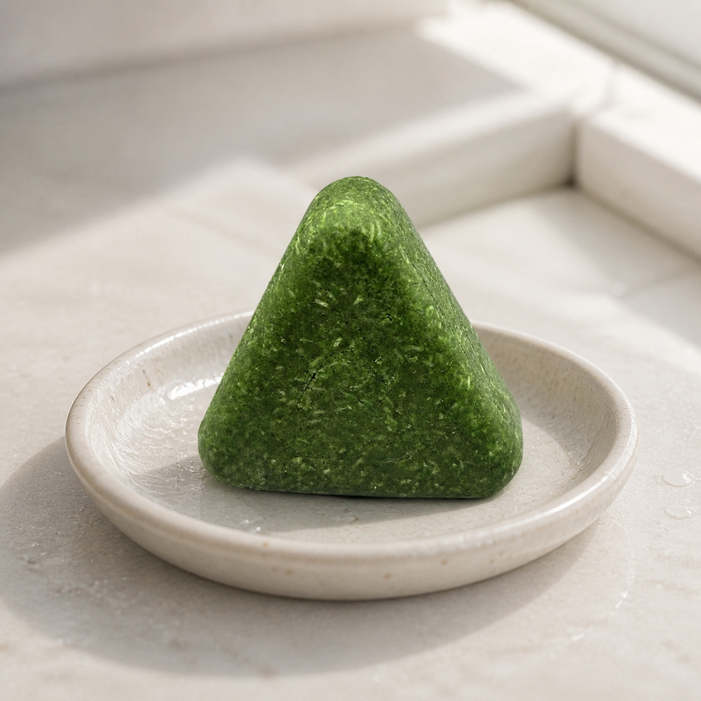 Scalvia scalp cleansing bar on a bathroom counter dish