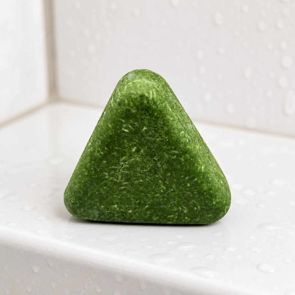 Scalvia scalp cleansing bar on a wet shower ledge