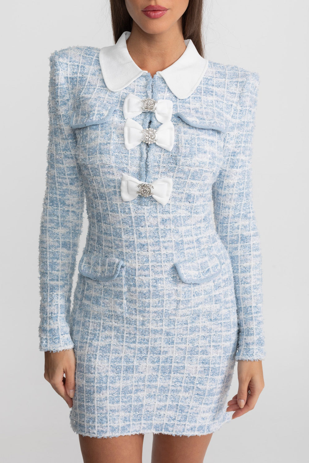 Tweed Mini Dress with Contrast Collar and Bow Embellishments - Light Blue