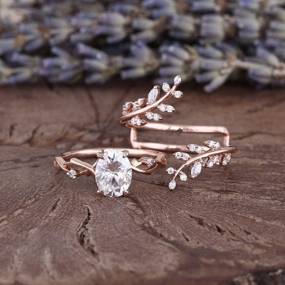 Oval Cut Vintage Cluster Leaf Enhancer Bridal Set Ring in Sterling Silver shine of diamond