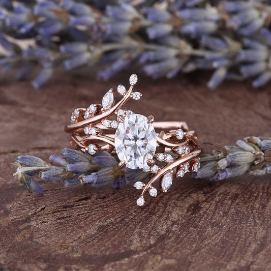 Oval Cut Vintage Cluster Leaf Enhancer Bridal Set Ring in Sterling Silver shine of diamond