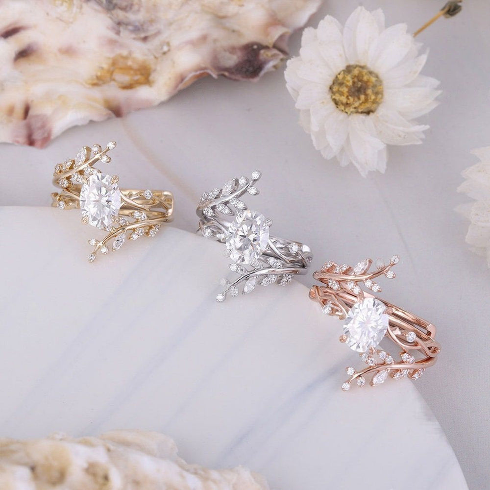 Oval Cut Vintage Cluster Leaf Enhancer Bridal Set Ring in Sterling Silver shine of diamond