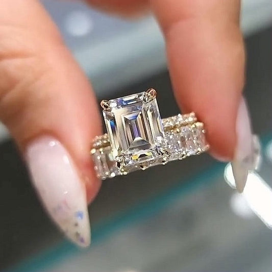 Emerald Cut Gold Tone Classic Bridal Ring Sets in 925 Sterling Silver shineofdiamond