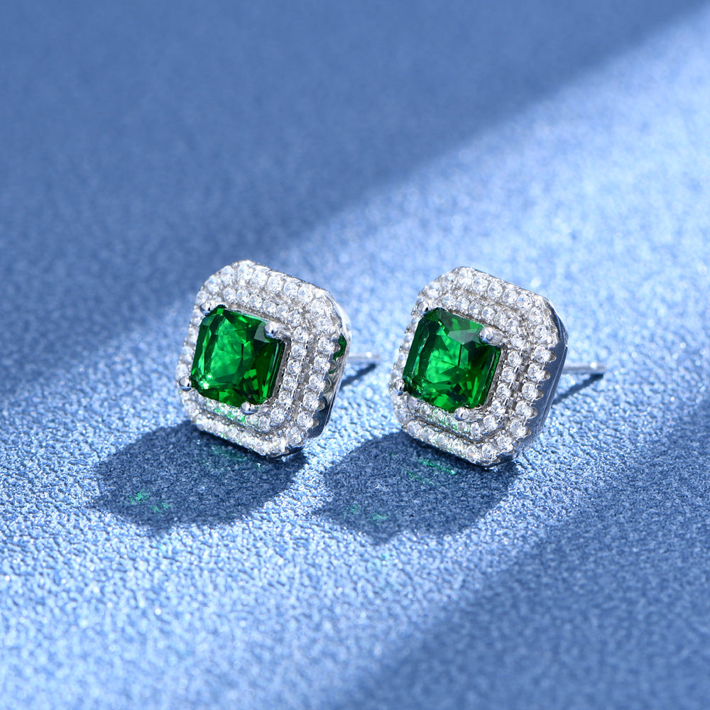 Double Halo Cushion Cut Stud Emerald Green Earrings In Sterling Silver Shineofdiamond