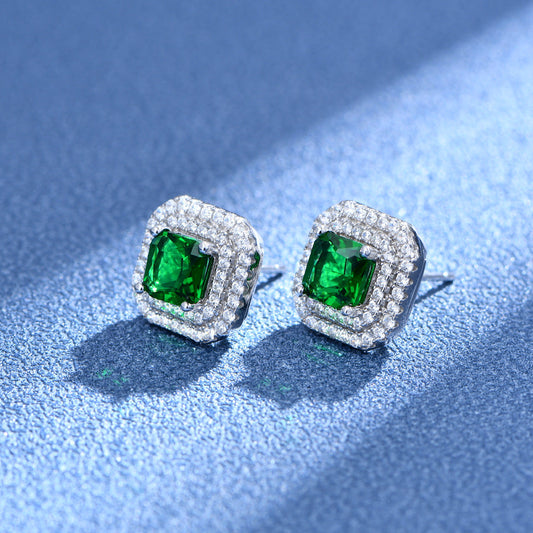 Double Halo Cushion Cut Stud Emerald Green Earrings In Sterling Silver Shineofdiamond