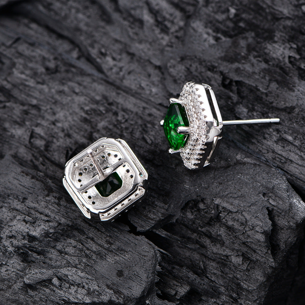 Double Halo Cushion Cut Stud Emerald Green Earrings In Sterling Silver Shineofdiamond