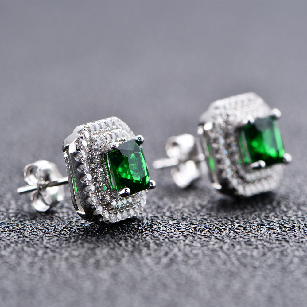 Double Halo Cushion Cut Stud Emerald Green Earrings In Sterling Silver Shineofdiamond