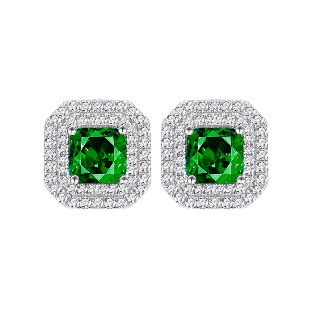 Double Halo Cushion Cut Stud Emerald Green Earrings In Sterling Silver Shineofdiamond