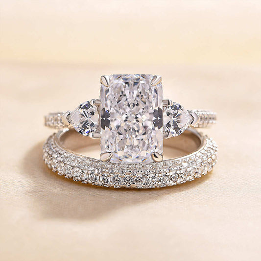 2 pcs Radiant Cut Three Stone Wedding Ring Bridal Set In Sterling Silver Shineofdiamond
